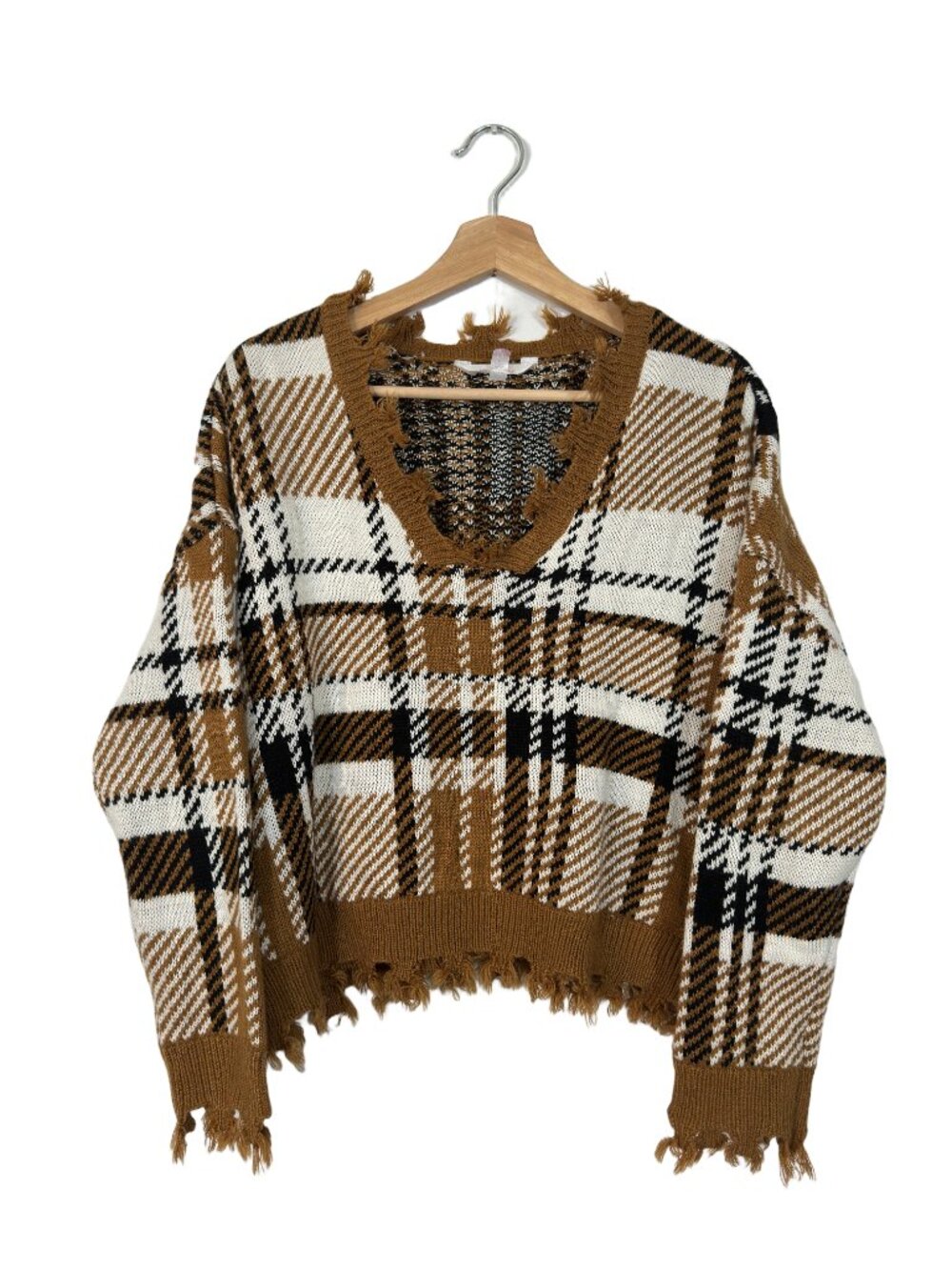 Women's Fringe Plaid Sweater Size 15-17 Western Grunge Punk Fall Layering Comfy